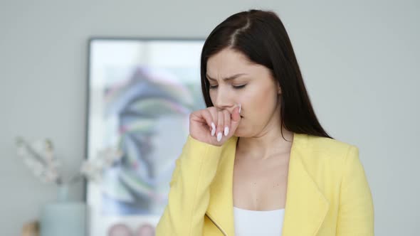 Cough, Portrait of Sick Woman Coughing at Work