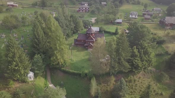 Old wooden Orthodox church in mountain village Kryvorivnia in Ukrainian Carpathians mountains