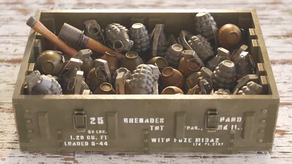 Piled up different types of grenades in open wooden ammunition box. 4k HD