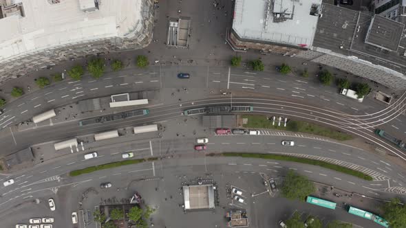 AERIAL: Overhead Top Down View of Frankfurt Am Main, Germany Public Transport on Street with People