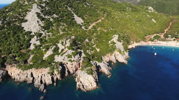 Aero. View From Above. Beautiful Summer Seascape. Rocky Beaches of Evia Island, Greece. Sea