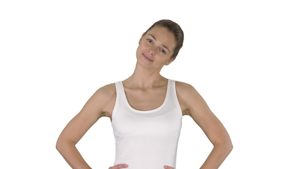 Woman Stretching Neck While Walking on White Background