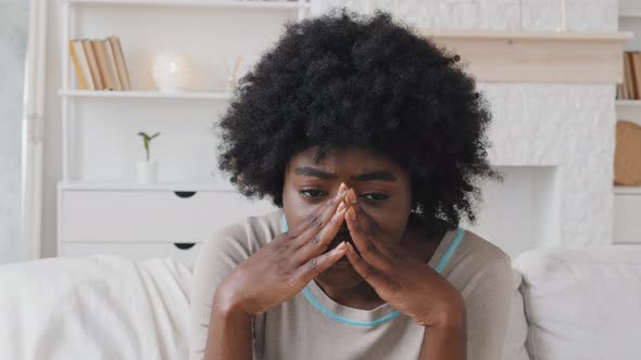 Sad Depressed Anxious Worried African American Girl Young Woman Feeling Bad Hurt Upset Sad Sitting