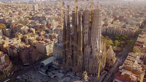 Aerial Shot of Basílica i Temple Expiatori de la Sagrada Família At Sunset.