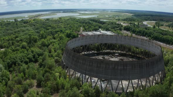 Drone Flight Over Cooling Tower Near Chernobyl