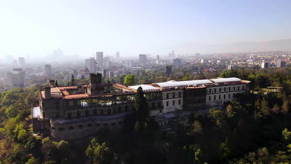 Drone image of a castle in the middle of a forest in the city