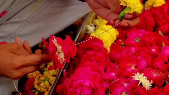 Flower Vendor Making Hindu Flower Garland for Temple Decoration, Offering. Jodhpur, Rajasthan, India