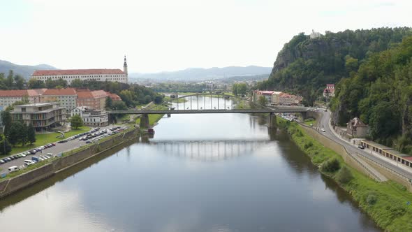 Car traffic on Tyršův bridge across Elbe river in Děčín in Czechia.