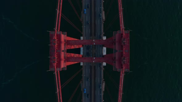 Aerial Birds Eye Overhead Top Down View of Cars Driving on Multilane Road on Suspension Bridge