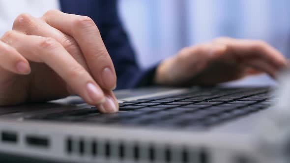 Office Employee Typing on Laptop, Secretary Preparing Report for Boss, Closeup