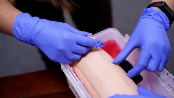 Surgeon student trains to inserting needle for catheter on medical dummy