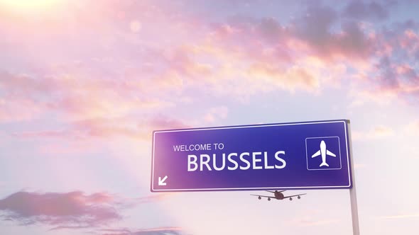 Brussels City Sign Plane Landing in Daylight