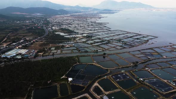 Aerial View Over Salt Mines Along the Coastal Lands of Vietnam near Chua National Park in Phan Rang.