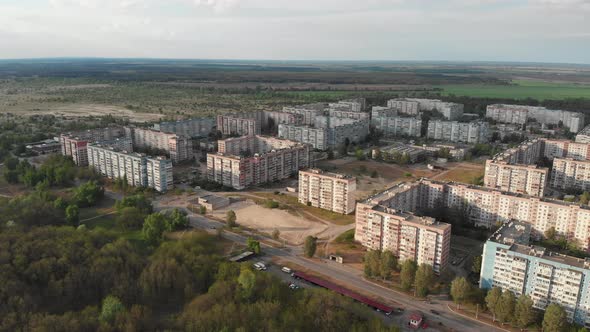 Aerial Panorama on Dwelling Blocks with Multistory Colorful Buildings at Nature