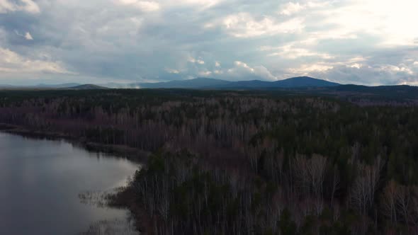 Aerial View of the Natural Landscape Forest on the Lake Shore at Sunset