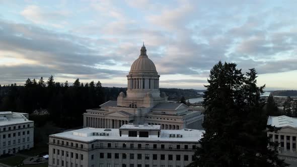 Rising up revealing the Washington State Capitol Dome and the Puget Sound panorama, aerial
