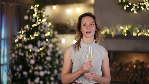 Pretty Woman with Glass of Champagne in Hands is Standing in Room with Christmas Decorations