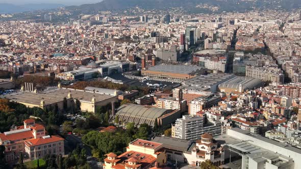 Aerial drone view of Barcelona city at daylight. Montjuic district. Spain