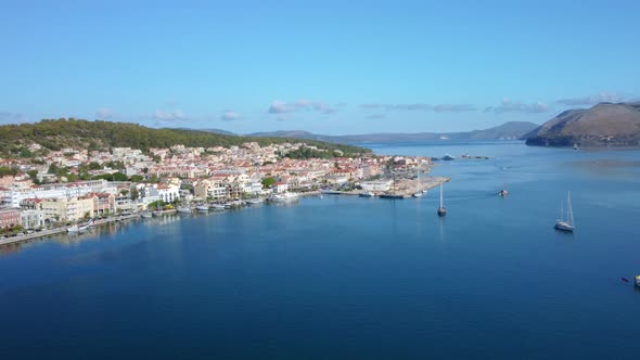 Aerial drone video of Argostoli (Argostolion), famous city and capital of Cefalonia (Kefalonia) isla