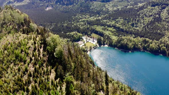 Beautiful view from the Signalkogel to the Lake Langbathsee and Mountains drone video