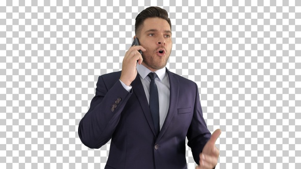 Serious Worried Businessman Talking on Cellphone, Alpha Channel