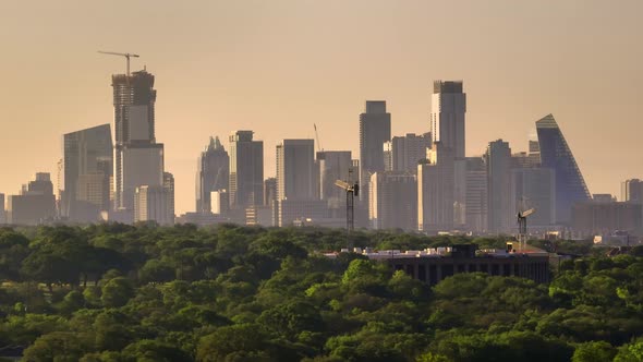 Downtown Austin skyline aerial drone helicopter pan right during summer sunrise in 2022