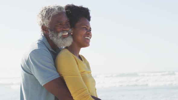 Happy african american couple sitting and embracing on sunny beach