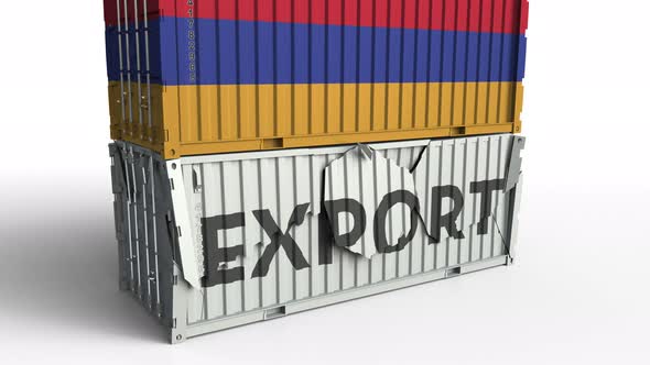 Container with Flag of Armenia Breaks Container with EXPORT Text alt
