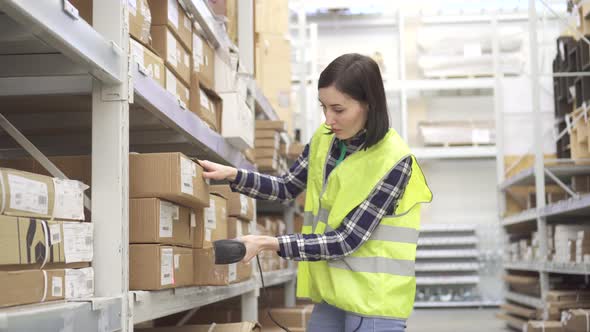 Store Worker in the Warehouse Using a Barcode Scanner Conducts Accounting