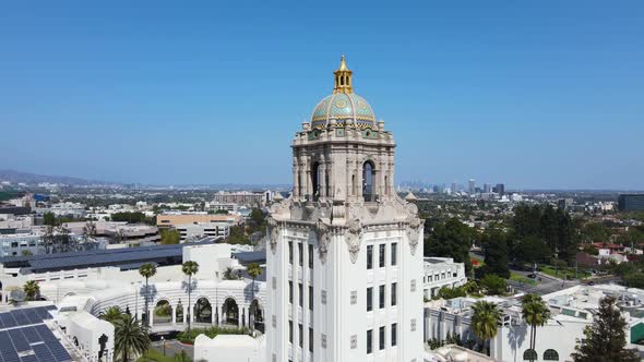 Beverly Hills City Hall Los Angeles CA USA Drone Aerial View of Landmark Tower