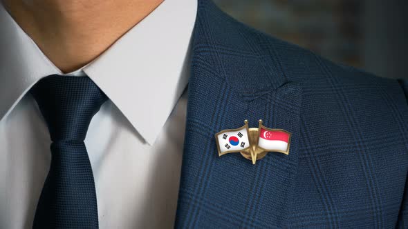 Businessman Friend Flags Pin South Korea Singapore