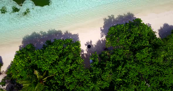 Natural overhead tourism shot of a sandy white paradise beach and aqua turquoise water background in