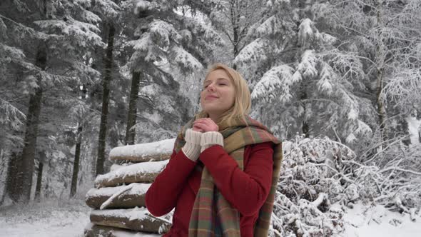 Beautiful blonde woman in snow forest