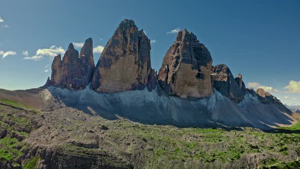 Tre Cime di lavaredo in Dolomites at sunrise, aerial view