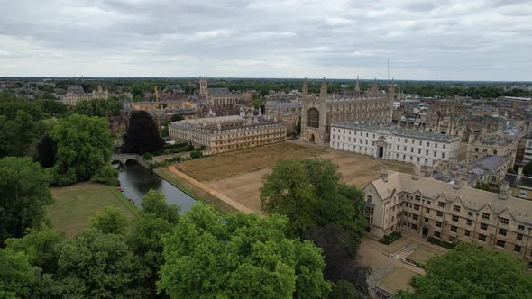 Cambridge City centre England drone aerial view 4K footage Kings college chapel and Clare college