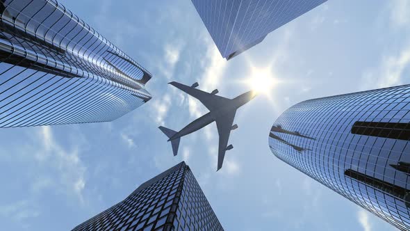 Airplane Flying Over 4 Skyscrapers