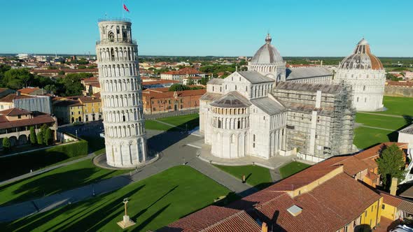 Aerial sunrise view of Pisa Field of Miracles from drone - Tuscany - Italy