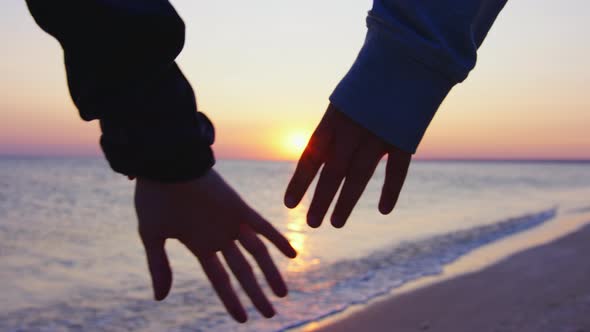 Two Women Hold Hands on a Background of Sunset and Sea Waves