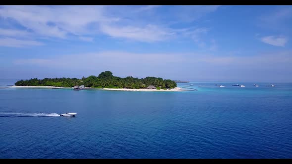 Aerial abstract of exotic tourist beach trip by aqua blue lagoon and white sand background of a dayo