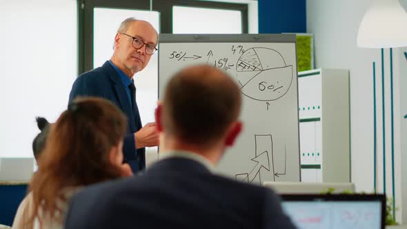 Elderly Businessman Giving Presentation to Multiethnic Team Using Flip Chart