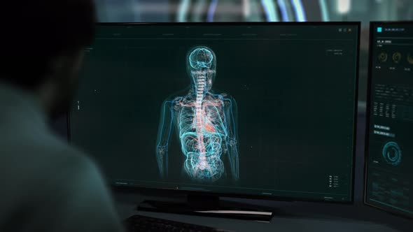 Doctor is studying the patients data using the modern scanner interface alt