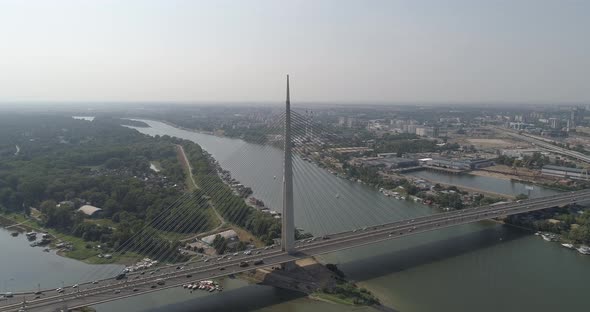 Bridge on river Sava in Belgrade, Aerial drone view