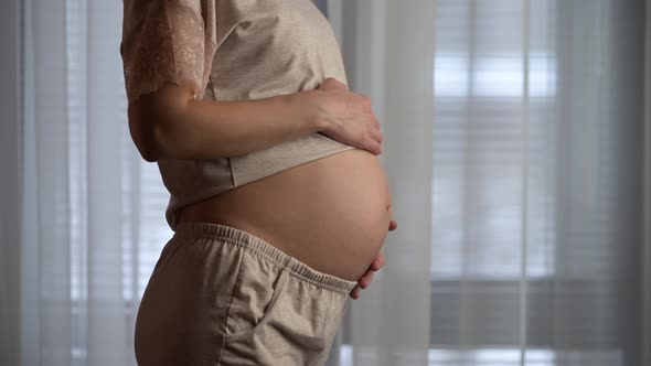 A young woman turns from the window and shows her pregnant belly