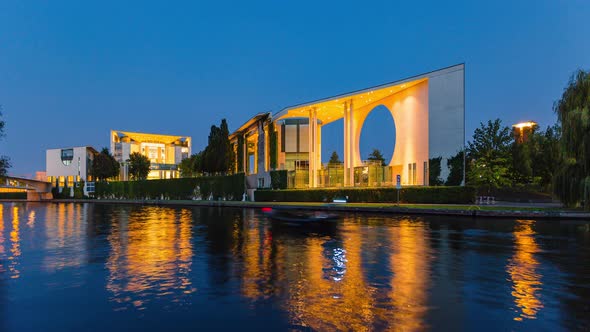 Blue Hour Hyper Lapse of Bundeskanzleramt with spree river, Berlin, Germany