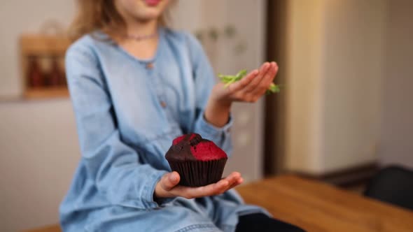 Little Girl Comparing Food Choosing Sweet Cake Against Microgreen UnHealthy Habit