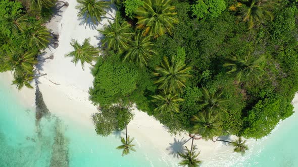 Tropical drone copy space shot of a white sand paradise beach and aqua blue ocean background in colo