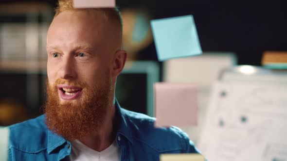 Winner Businessman Finding Good Idea on Board. Guy Feeling Happy at Office