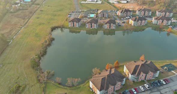 Autumn Season Residential Street Apartment Complex Near Pond From Above American Small Town in