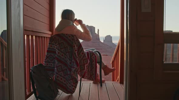 Outdoor Wilderness Nature Travel  Slow Motion Woman Drinking Tea Enjoying View