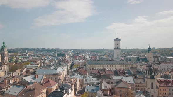 Aerial City Lviv, Ukraine. European City. Popular Areas of the City. Town Hall